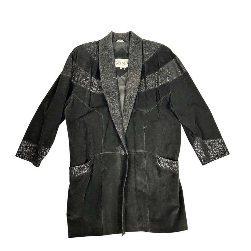 Vintage 80s Avanti Black Pig Suede Jacket Coat Shawl Collar Pebbled Sz L